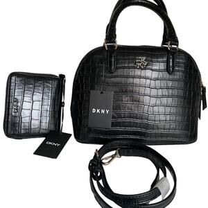 Brand New DKNY Crocodile Purse Handbag Classic Black Satchel * Bonus Coin Purse